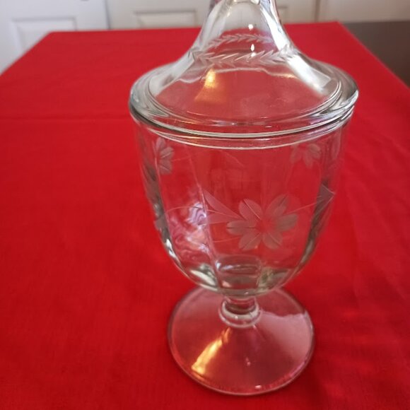 Etched, Floral Glass Footed Pedestal Covered Apothecary Candy Jar - Picture 7 of 7